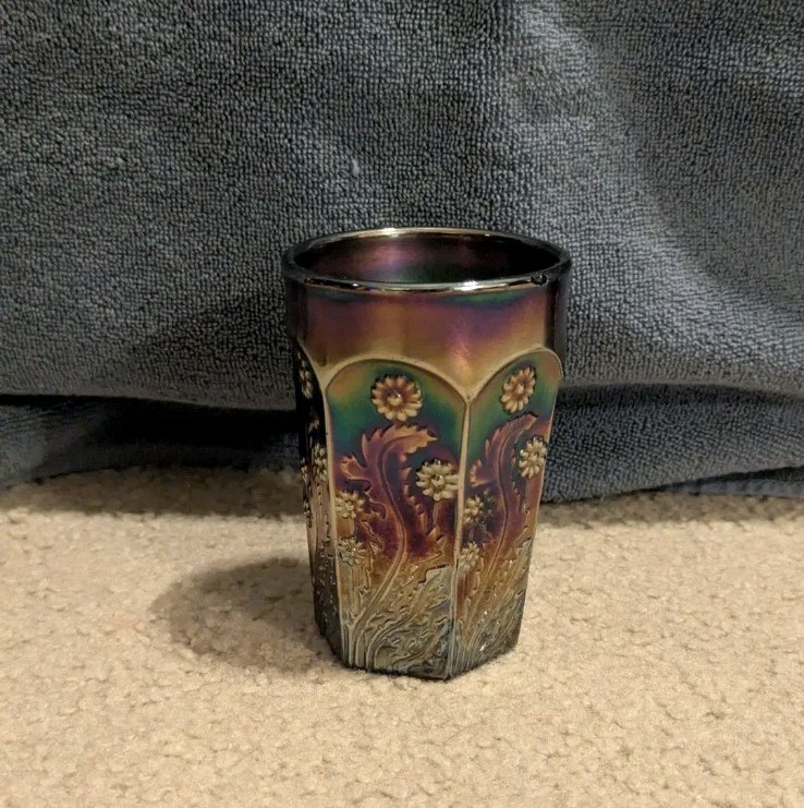 Antique Fenton Paneled Dandelion Cobalt Blue Carnival Glass Tumbler 4″ Tall