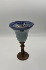 Vintage Blue Drip Glaze Wooden Stem Abstract Retro Art Pottery Goblet 8”
