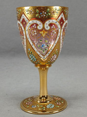 Antique Harrach Bohemian Enamel Floral Hearts Gold Cranberry Clear Wine Glass A