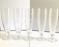 Arcoroc France Set of 5 Clear Etched Crystal Footed Pilsner Glasses 16 oz.