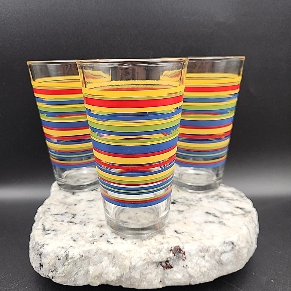 Set Of 3 Vintage Libbey «Mambo» Fiesta Striped 16 oz. Beverage Glasses