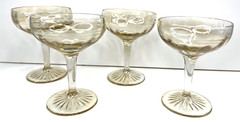Iridescent Depression Champagne Glasses Etched Starburst Floral 4 3/4″ Lot of 4