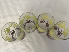 MCM VINTAGE TUMBLER GLASSES BROWN & YELLOW DIAMOND PLAID 6.5” X 3.24” Set Of 4