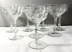 8 Libbey Rock Sharpe 3005-14 Liquor Cocktail Glass Gray Cut Floral on Bowl
