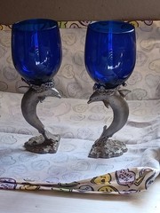 Vintage Cobalt Blue Glass Goblets With Pewter Dolphin Stems