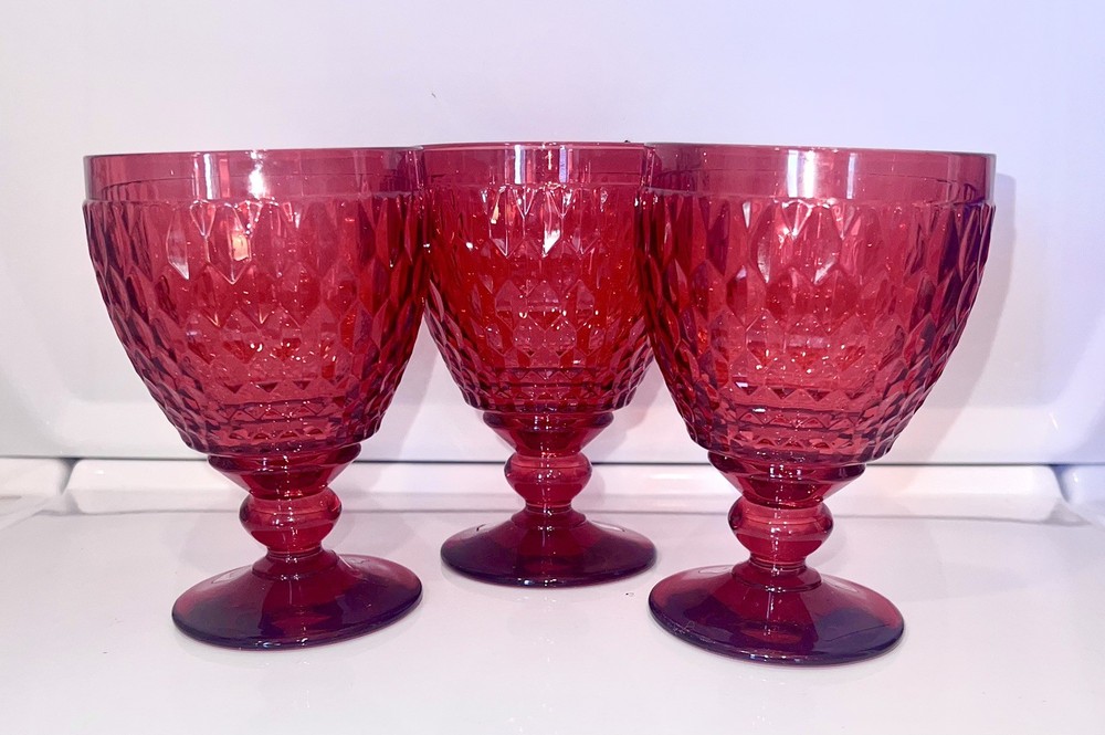 3 Villeroy & Boch Boston Red Water Goblet Stemmed Glasses Valentines Day