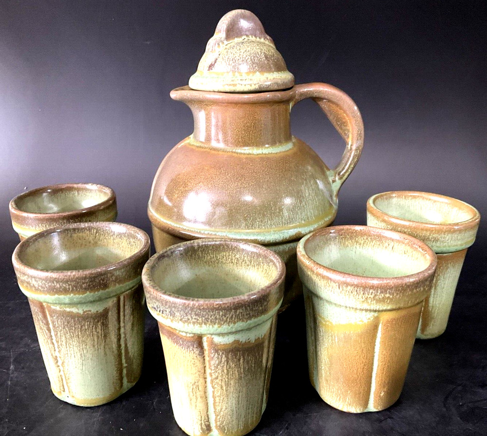 Frankoma ADA CLAY Prairie Green Guernsey Pitcher + 5-3oz Juice Tumbler Set EUC