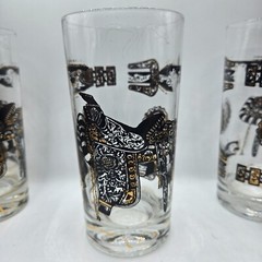 Set of 5 MCM Highball Glasses Western Saddle Buckle 5.5″ Tall Gold