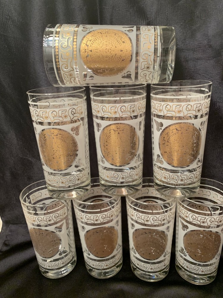 Vintage Mid Century 8 Hazel Atlas Frosted Aztec Gold Medallion Highball Glasses