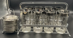 Set of 8 Kimiko Guardian Highball Glasses and Caddy with 8 Matching Coasters