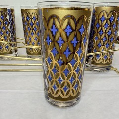 Vtg Set 8 Pasinski MCM Barware 22K Gold Blue Seville Highball Tumbler Glass Rack