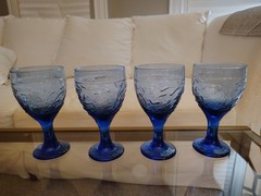 4-pc Libbey Embossed Raised Garden Vine Blue Water Goblet Wine Glass Excellent