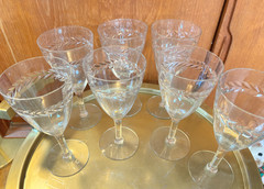7 Vintage Seneca Laurel Leaf Wheel Cut Optic Wine Glass Flutes Beveled MINT