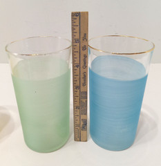 Set of 3 Blendo Frosted Glass Tumblers 8 oz Green Blue Yellow 4 3/4″ t Gold Rim