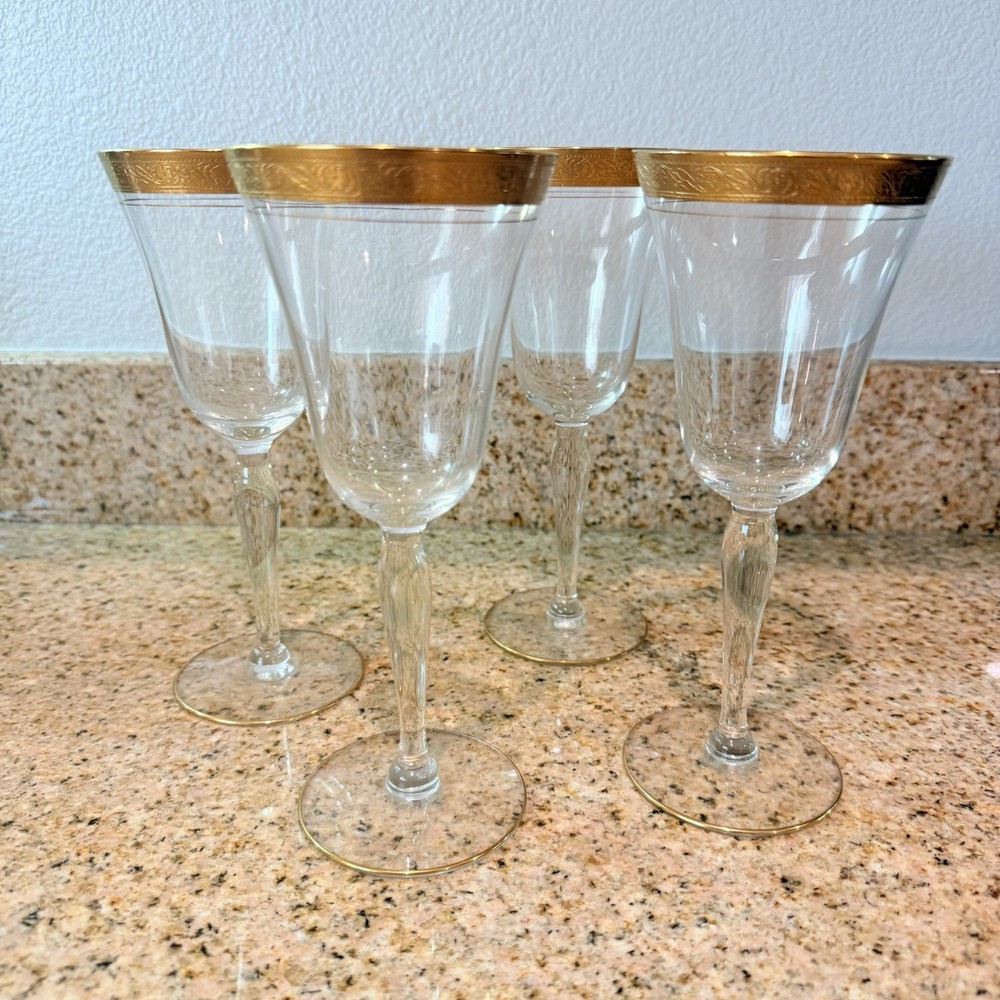 Tiffin-Franciscan Rambler Rose Clear Crystal Wine Glass Gold Rim Set of 4