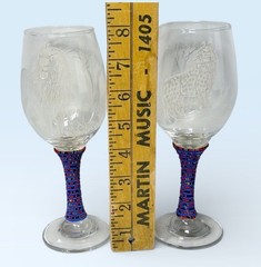 Pair Handmade Etched African Wildlife Wine Glasses Beaded Stems Decorative Box