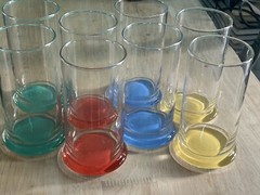 8 Vintage MCM 16 oz. Blue Green Red Yellow Bottom Tumblers Glasses 6” Tall