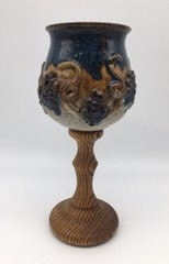 Vintage Artisan Hand Crafted Stoneware Pottery Wine Goblet Wood Stem Signed