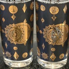 Vintage Fred Press Atomic Sunburst Glasses Black 22K Gold Barware Set MCM 6 cups