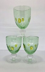 Set Of 3 Green Seeded Bubble Glass Goblets With Lemon Slices & Clear Ball Stem