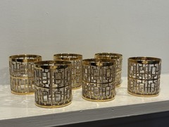 (6) MCM Imperial Glass Shoji Trellis 22K Gold Lowball Whiskey Rocks Bar Glasses