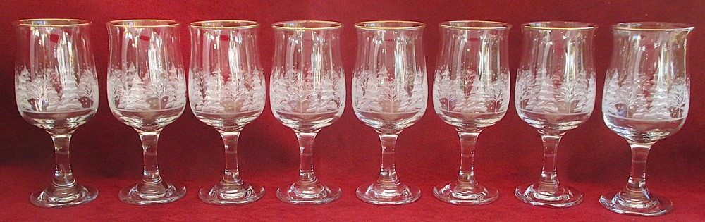 Eight Arby’s Winter Trees Tulip Wine Glasses, Pines by Lynn’s China, Libbey 12oz