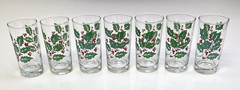 Vtg. 7pc, Indiana Glass Christmas Holly Berries Tumblers, 5.25″, 10oz. Free Ship