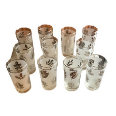 LIBBEY fall leaves metallic silver gray frosted 5″ glasses vintage MCM Set Of 10