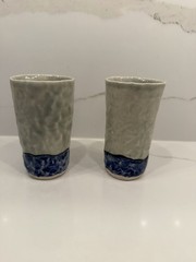 Handmade Studio Pottery Tumblers Set of 2 Blue White Ceramic Cups 5” Tall Signed