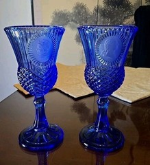 Vtg Fostoria Avon Cobalt Blue Glass George Martha Washington 8″ Set of 2 Goblets