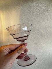 Six-Piece Pink Depression Glass set, cups, cocktail glass, and Sugar Bowl Set