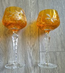 2 Nachtmann Traube Amber Cut To Clear Crystal Hock Wine Glasses 8″