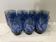 Vintage Set Of 7 Libbey Glass “Meadow Blue» 12oz Flat Bottom Glasses/Tumblers!