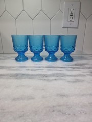 Brockway Glass Co Wine Goblets, Set of 4, Monterey Blue Footed Goblets, Textured