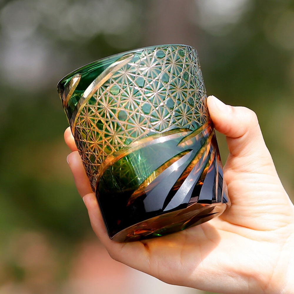 Crystal Whisky Glass Double Layers Japanese Style Edo Kiriko 9oz Amber Green