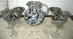 MEXICAN HANDBLOWN MOTTLED CONFETTI GLASS MARTINI PITCHER & GLASS SET OF 7
