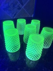 Vintage Fenton Topaz Uranium Opalescent Hobnail Vaseline Glass Set Of 7 Pcs,Cups
