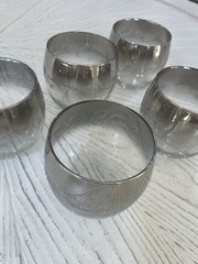 Vtg Set 5 MCM Dorothy Thorpe Roly Poly Glasses Silver Fade Raised Glitter Floral