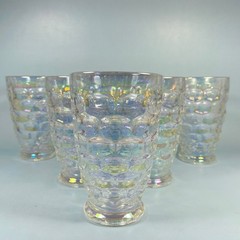 Federal Glass Set of 7 Colonial Iridescent Thumbprint 8oz Tumblers 1960s