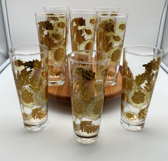 Set of 8 Bartlett Collins 22K Gold Chrysanthemum Tumbler Highball Glasses