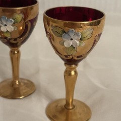 3 Vintage Czech Bohemian Ruby Red Cordial Glasses w/ Gold Trim & Painted Flowers