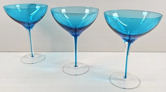 (3) Pier 1 Blue Drip Martini Glasses Set Elegant Table Dining Clear Stemware Lot