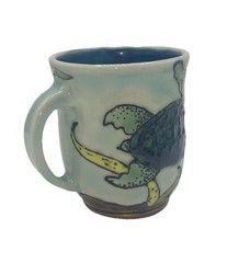 Studio Art Pottery Signed Sea Turtle Mug Handmade Textured Blue Interior