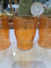 Set of 5 Vintage MCM Amber Crackle Glass Tumblers Marigold Iridescent Finish