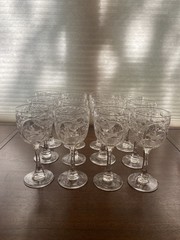STUNNING SET(12) POLO PLAYER ON HORSEBACK/Floral Etched Crystal Water Goblets 8″