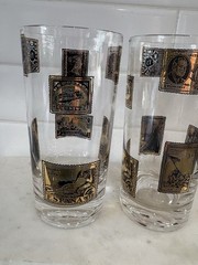 Vintage Mid-Century Black & Gold Coin Drinking Glasses set of 2