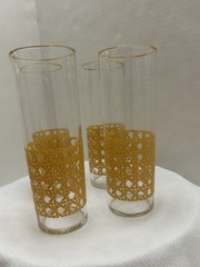 Rare Set of 4 Cane Pattern Woven Rattan Design Tom Collins Glasses Barware