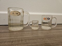 1980s vintage heavy glass A&W collectibles, 3 piece. 4.5 in, 3 in, 1.75 in.