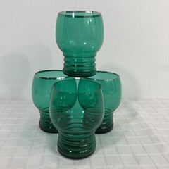 Teal Green Ribbed Base Glass Tumblers Vintage Set of 4