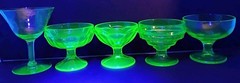 Vintage Misc 5 Green Depression Uranium Glass Stem Ware Glasses *Minor Fleabites